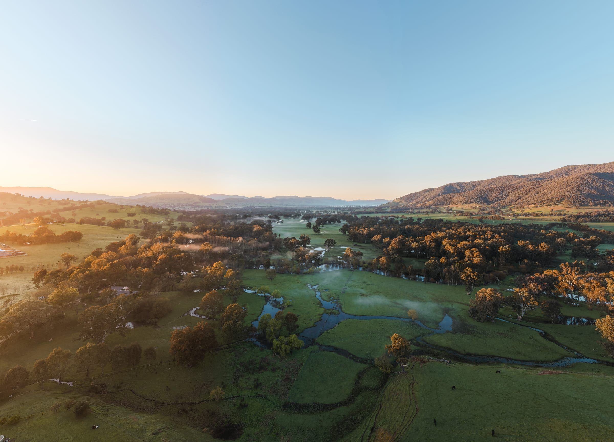 Aerial view at sunrise of green farmland and a winding creek, with hills on the horizon.